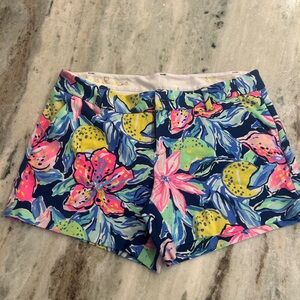 Blue and Pink Athletic Shorts with Tropical Floral Print